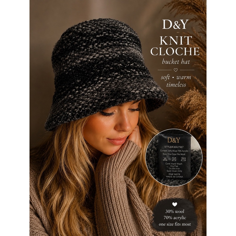 D&Y Black Grey Marled Knit Cloche Bucket Hat Wool Blend Chunky
